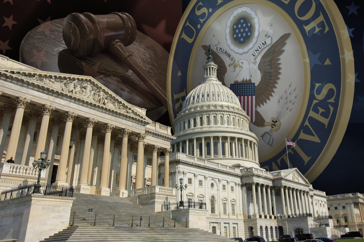 U.S. Capitol, gavel, House of Representatives seal. (Yahoo News photo illustration, photos: AP)