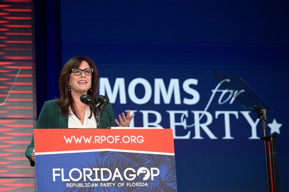 Moms for Liberty founder Tiffany Justice speaks at the Republican Party of Florida Freedom Summit, Saturday, Nov. 4, 2023, in Kissimmee, Fla. (AP Photo/Phelan M. Ebenhack)
