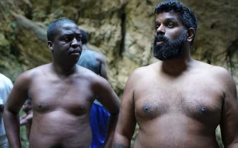 Romesh Ranganathan (right) with Jeremy Dupin at Bassin Bleu in Haiti - Credit: BBC