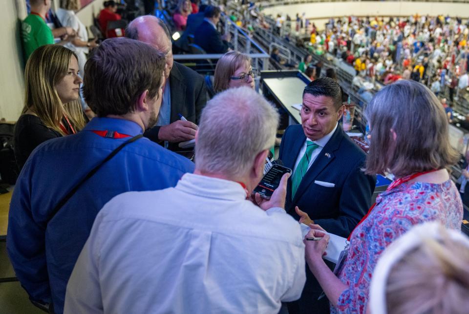 Diego Morales, the GOP's nominee for Indiana secretary of state, holds a press conference at the state GOP convention at Indiana Farmer’s Coliseum in Indianapolis on June 18, 2022.