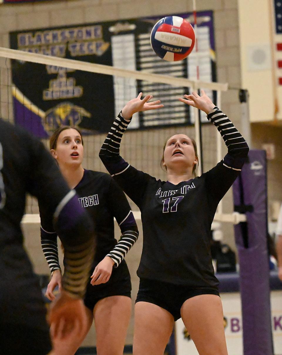 Blackstone Valley Tech's Paige Connolly sets the ball during an MIAA Div. 4 Round of 32 tournament match against Malden Catholic at Blackstone Valley Tech in Upton, Nov. 3, 2022.   