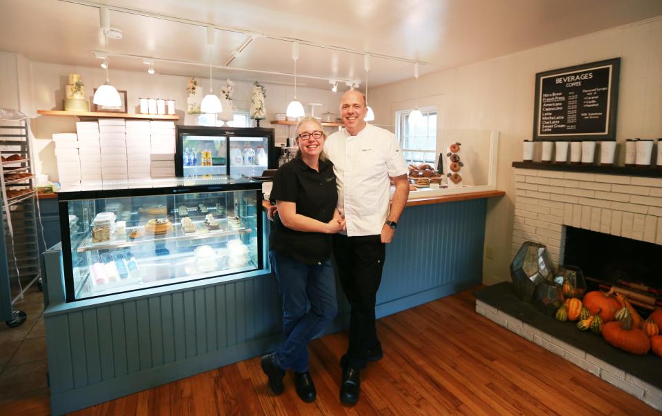 Marie and Mark Soliday at their Rehoboth bakery, Confectionary Designs, on Thursday, Oct. 13, 2022. Confectionary Designs specializes in high-end wedding cakes and pastries.