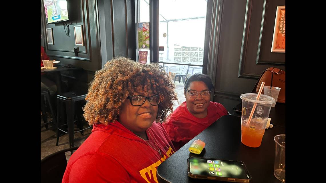 Sisters Essence Belton and Shauntoray Grisby watched the Super Bowl at Woody’s in Kansas City.