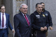 Sen. Bob Menendez, D-N.J., leaves the Manhattan federal court, after the first day of his corruption trial, Monday, May, 13, 2024, in New York. (AP Photo/Stefan Jeremiah)