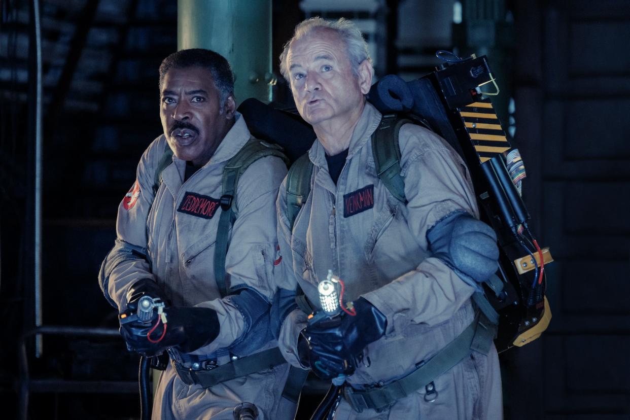 Winston (Ernie Hudson, left) and Peter (Bill Murray) are back in the old uniforms in "Ghostbusters: Frozen Empire."