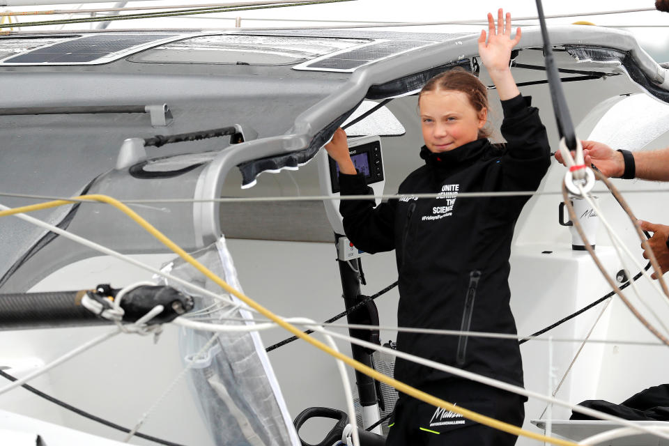 Swedish 16-year-old activist Greta Thunberg sails on the Malizia II racing yacht in New York Harbor as she nears the completion of her trans-Atlantic crossing in order to attend a United Nations summit on climate change in New York, U.S., August 28, 2019. REUTERS/Mike Segar