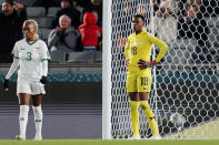 Zambia's goalkeeper Eunice Sakala reacts after Spain's Alba Redondo scored her side's third goal during the Women's World Cup Group C soccer match between Spain and Zambia at Eden Park in Auckland, New Zealand, Wednesday, July 26, 2023. (AP Photo/Abbie Parr)