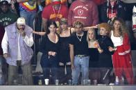 Lana Del Rey, second from left, Taylor Swift, RIOTUSA, Ashley Avignone Ice Spice, and Blake Lively watch the first half of the NFL Super Bowl 58 football game between the San Francisco 49ers and the Kansas City Chiefs on Sunday, Feb. 11, 2024, in Las Vegas. (AP Photo/David Becker)