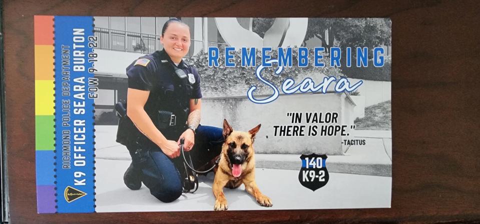 A flyer handed out at fallen RPD K9 Officer Seara Burton's prayer vigil Sept. 8, 2023, held in front of the Richmond Municipal Building nearly a year following her death.