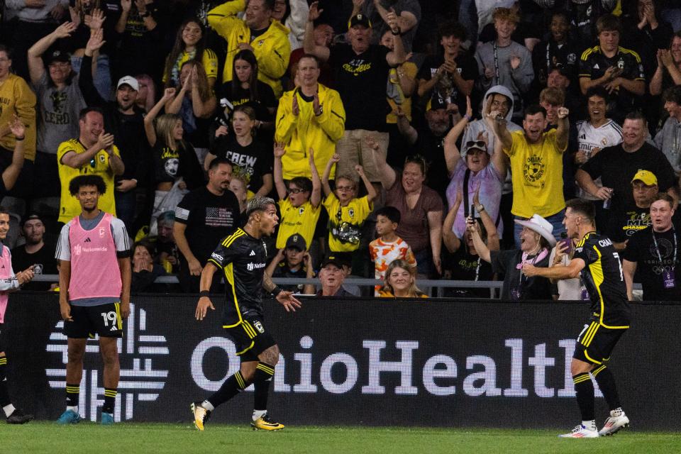 Oct 5, 2024; Columbus, Ohio, USA; Columbus Crew forward Cucho Hernandez (9) celebrates his second goal of the game in the second half against the Philadelphia Union at Lower.com Field. Mandatory Credit: Trevor Ruszkowski-Imagn Images