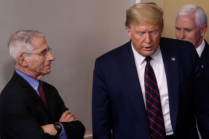 U.S. President Trump leads the daily coronavirus response briefing at the White House in Washington