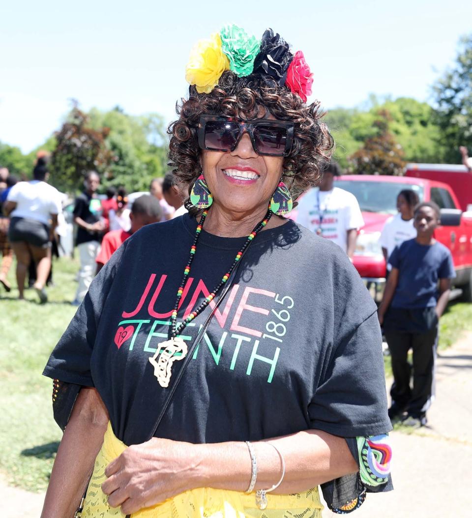 Laverne Larkins-Franklin of Akron dressed up in Juneteenth attire to celebrate the holiday.