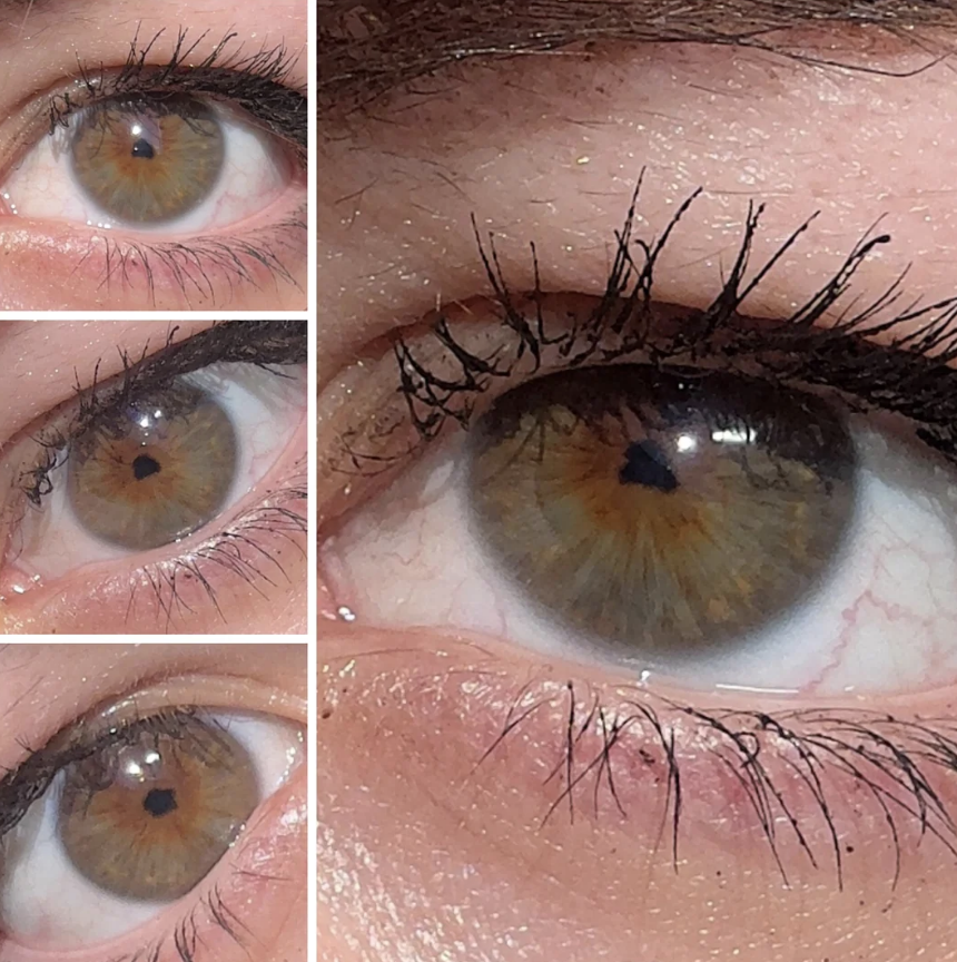 Four close-up images of a person's brown and green-hazel eyes with black eyeliner, showcasing different angles and details of the eye area