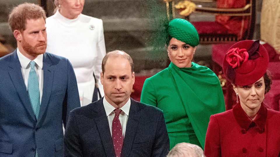 (L-R) Harry William Meghan and Kate don't smile at church