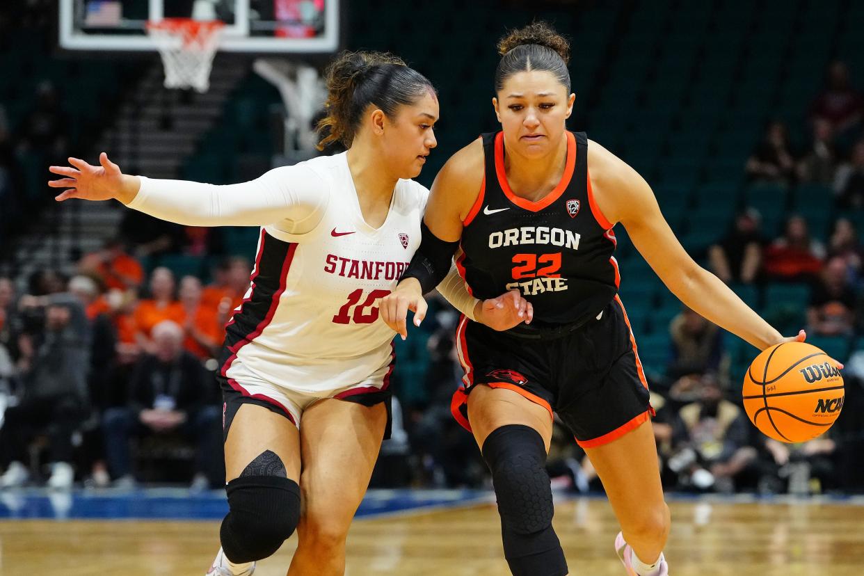 Oregon State Beavers guard Talia von Oelhoffen (22) dribbles against Stanford Cardinal guard Talana Lepolo (10) during the first quarter at MGM Grand Garden Arena March 8, 2024, in Las Vegas.