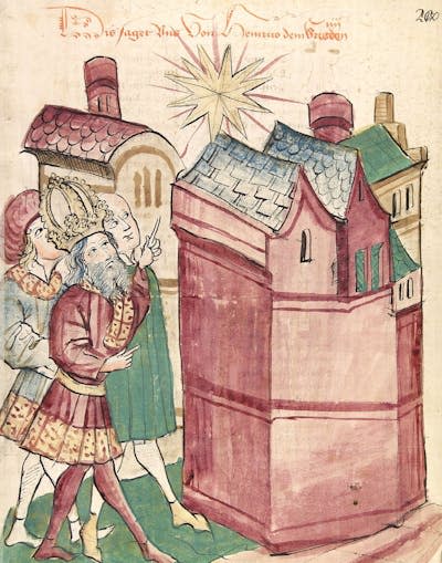 Medieval drawing of a man looking up and pointing at a star shining in the sky above a town.