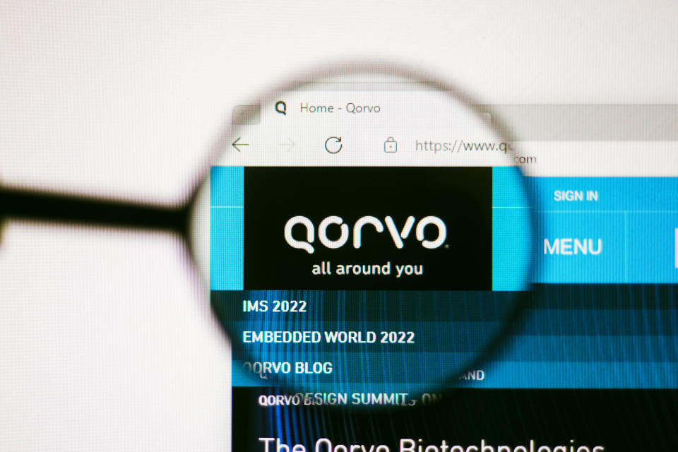 BRAZIL - 2022/06/13: In this photo illustration, the homepage of the Qorvo website seen on a computer screen through a magnifying glass. (Photo Illustration by Rafael Henrique/SOPA Images/LightRocket via Getty Images)