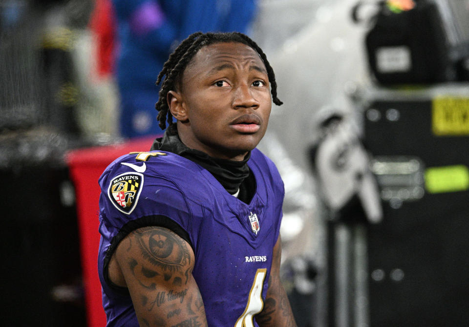 Baltimore Ravens wide receiver Zay Flowers sits dejectedly on the bench late in the fourth quarter of a 17-10 loss to the Kansas City Chiefs in the AFC championship game on Jan. 28, 2024, in Baltimore. (Kenneth K. Lam/Baltimore Sun/Tribune News Service via Getty Images)