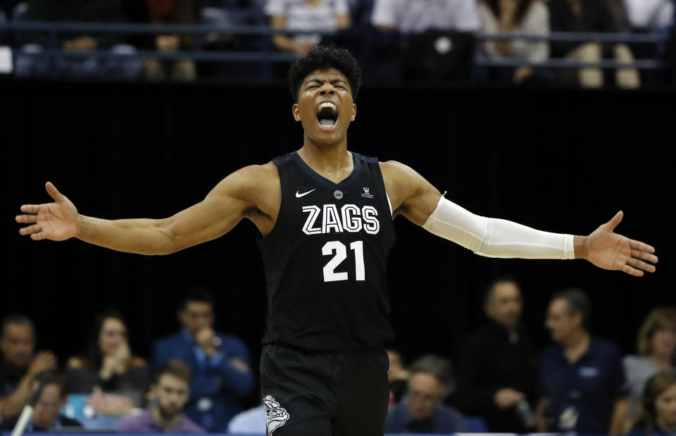 Gonzaga forward Rui Hachimura reacts during the second half of the team's NCAA college basketball game against San Diego, Saturday, Feb. 16, 2019, in San Diego. (AP Photo/Gregory Bull)