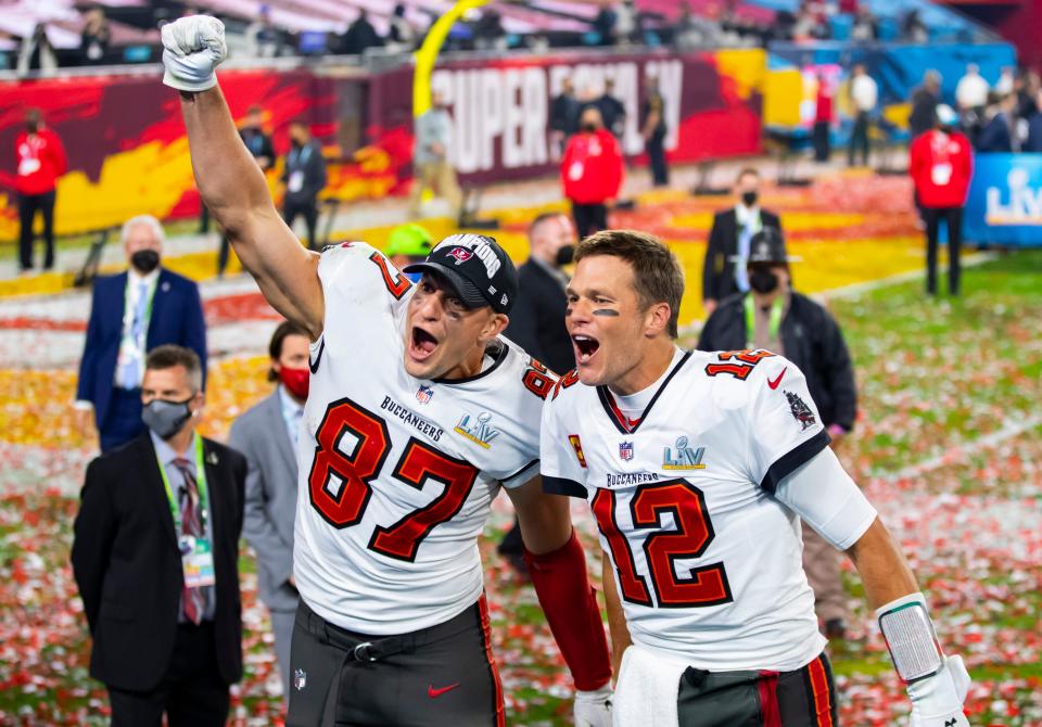 February 7, 2021: Tampa Bay Buccaneers quarterback Tom Brady (12) and tight end Rob Gronkowski (87) celebrate after beating the Kansas City Chiefs in Super Bowl LV at Raymond James Stadium. 