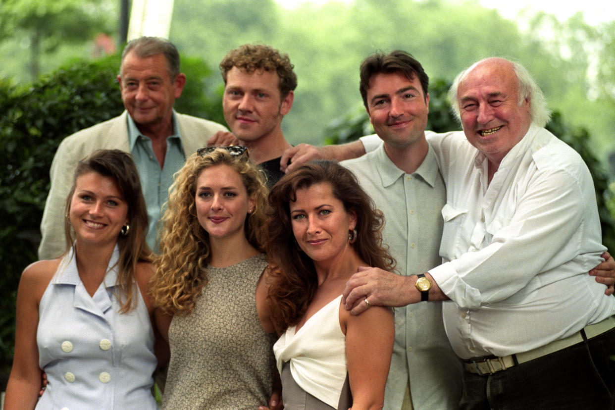 SOME OF THE CAST OF HEARTBEAT (L-R TOP). DEREK FOWLDS (SERGEANT BLAKETON), MARK JORDON (PC BELLAMY), NICK BERRY (PC NICK ROWAN), AND BILL MAYNARD (GREENGRASS). (L-R BOTTOM) TRICIA PENROSE (BARMAID GINA) JULIETTE GRUBER (SCHOOLTEACHER JO WESTON) & KAZIA PELKA   (Photo by Fiona Hanson - PA Images/PA Images via Getty Images)