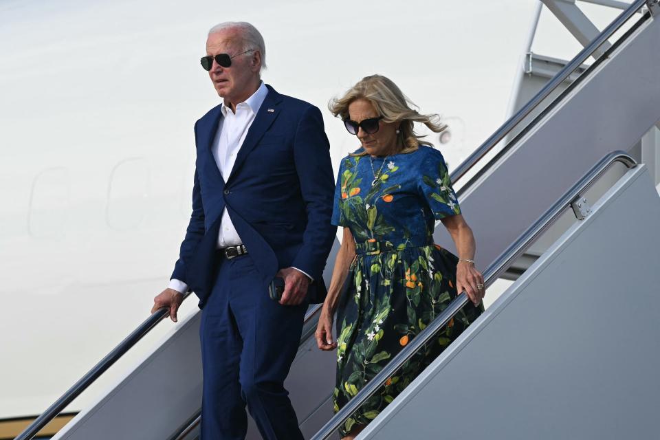 President Joe Biden and first lady Jill Biden arrive at Joint Base Andrews in Maryland on July 7, 2024.