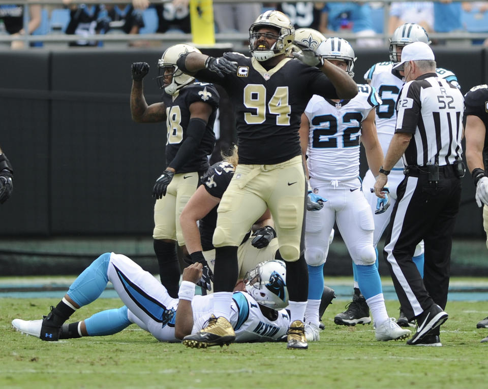 Jordan celebrates a sack of Cam Newton earlier this season. (AP Photo/Mike McCarn, File)