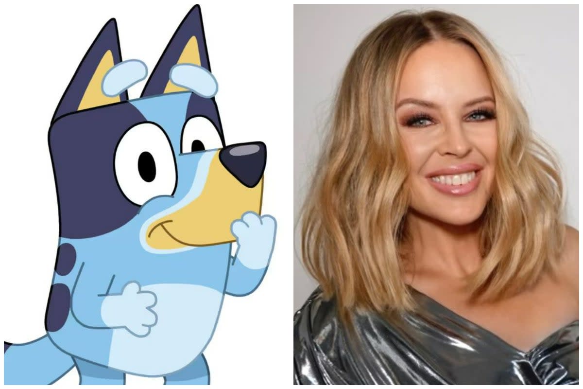 Kylie Minogue (right) will voice cartoon character Bluey (left) in new online book series (ES COMPOSITE)