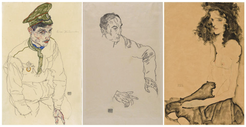 This combo of images provided by the Manhattan District Attorney's Office, shows three artworks by Austrian expressionist Egon Schiele, from left, watercolor and pencil on paper artwork, dated 1916 and titled "Russian War Prisoner" (Art Institute of Chicago); a pencil on paper drawing, dated 1917, titled "Portrait of a Man" (Carnegie Museum of Art), and a watercolor and pencil on paper artwork, dated 1911 and titled "Girl With Black Hair" (Allen Memorial Art Museum). The three artworks, believed to have been stolen from a Jewish art collector and entertainer during the Holocaust, have been seized from museums in three different states by New York law enforcement authorities on Wednesday, Sept. 13, 2023. (Manhattan District Attorney's Office via AP)