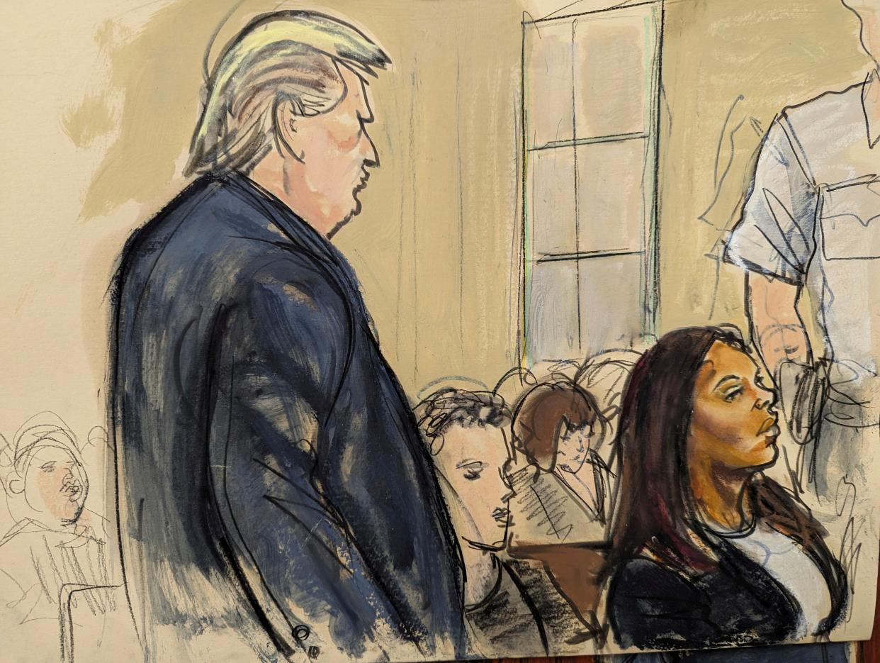 A courtroom sketch showing former President Donald Trump, left, as he enters the courtroom with New York Attorney General Letitia James (AP Photo/Elizabeth Williams)