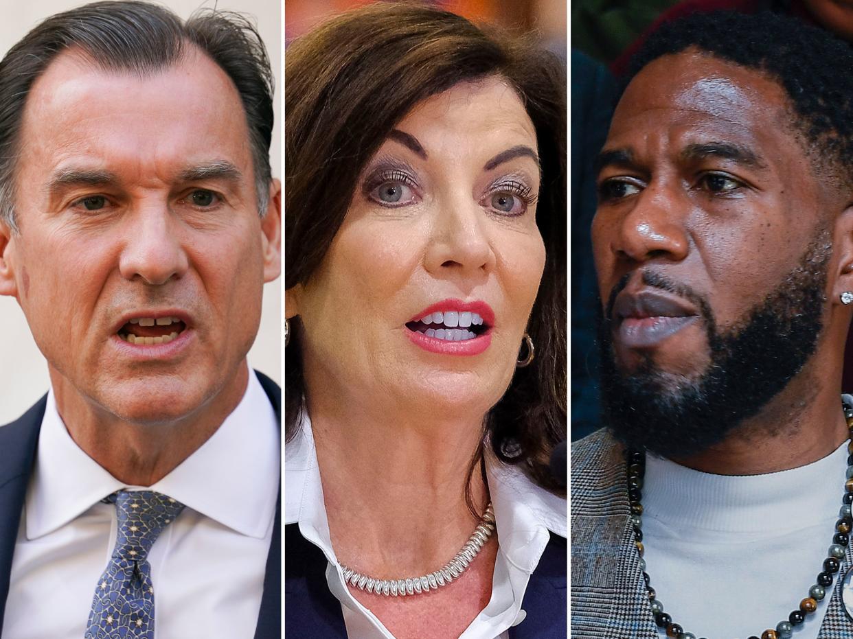 From left: Rep. Tom Suozzi, Gov. Kathy Hochul and Jumaane Williams