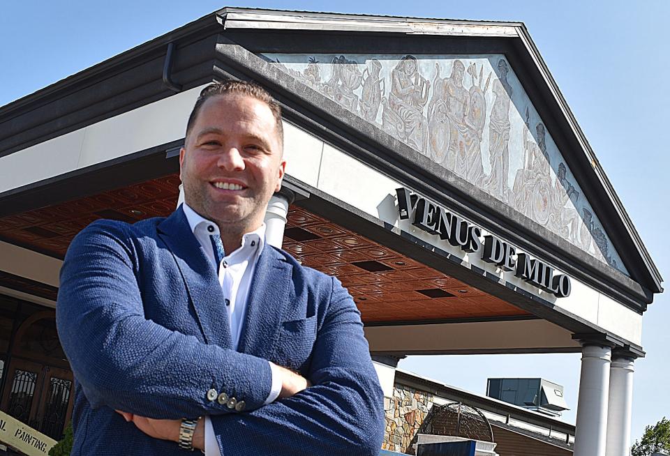 Monte Ferris stands in front of the Venus de Milo banquet hall in Swansea on Wednesday, Sept. 27, 2023.