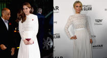 <p>This has to be one of the most unanticipated fashion twinning moments of all time. Back in 2016, the Duchess of Cambridge stepped out in a laser-cut Self Portrait dress for the London premiere of ‘A Street Cat Named Bob’. But it was Paris Hilton who wore the look first at the amFAR Inspiration Gala. <em>[Photo: Getty]</em> </p>