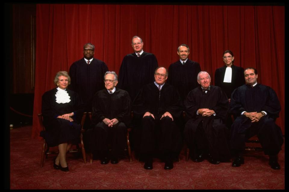 <div class="inline-image__caption"><p>Supreme Court Justices (R-L) Scalia, Ginsburg, Stevens, Souter, then-Chief Justice Rehnquist, Kennedy, Blackmun, Thomas & O’Connor sitting for portrait, December 3, 1993. Ginsburg was the second female Justice in the Court’s history, after O’Connor.</p></div> <div class="inline-image__credit">Diana Walker/Getty</div>