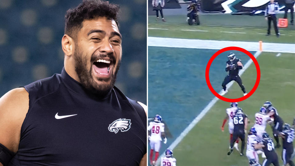 Aussie NFL star Jordan Mailata had a hilarious reaction when fellow linebacker and teammate Lane Johnson caught a touchdown for the Philadelphia Eagles this week. Pictures: Getty Images/ESPN