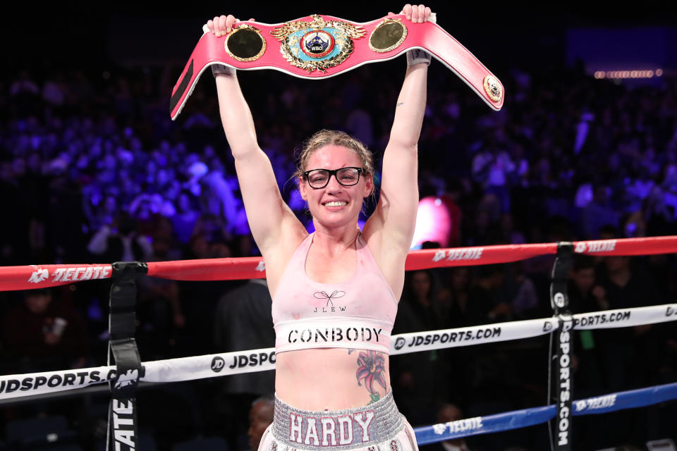 NEW YORK, NY - OCTOBER 26: Heather Hardy celebrates after defeating Shelly Vincent by unanimous decision during their featherweight fight on October 26, 2018 in New York City. (Photo by Edward Diller/Getty Images)
