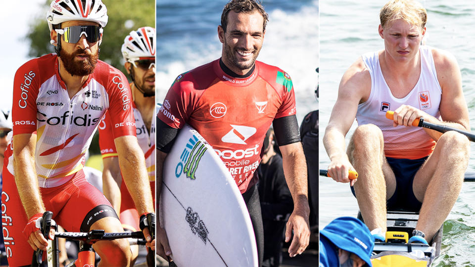 Tour de France cyclist Simon Geschke (pictured left), surfer Frederico Morais (pictured middle) and Dutch rower Finn Florijn (pictured right) were ruled out of the Olympics due to Covid-19.