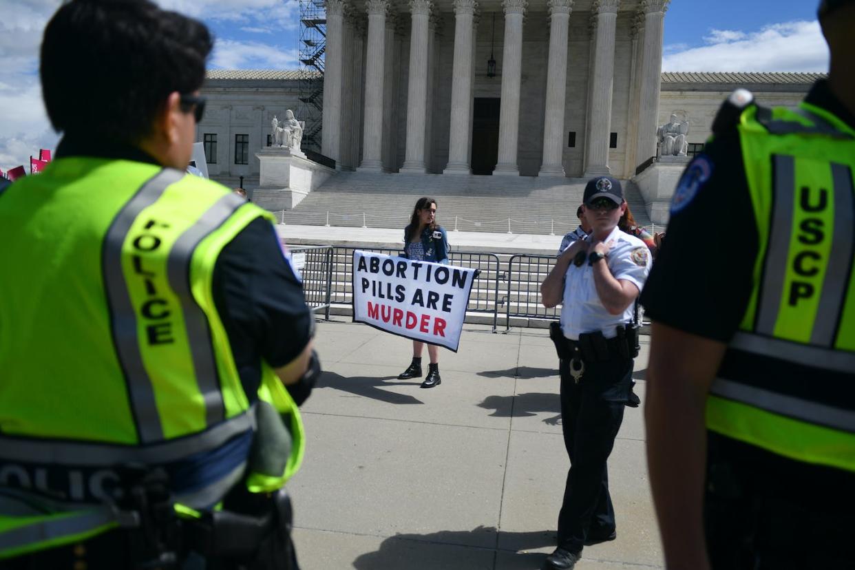 Anti-abortion activists gather outside the Supreme Court building on April 15, 2023. <a href="https://media.gettyimages.com/id/1252038585/photo/washington-d-c-april-15-pro-life-activist-also-gather-at-th.jpg?s=1024x1024&w=gi&k=20&c=C5Ris2nTdaa2mUJSDSp8clY4jytuN_xW8v0v9UYQOjQ=" rel="nofollow noopener" target="_blank" data-ylk="slk:Astrid Riecken for The Washington Post via Getty Images;elm:context_link;itc:0;sec:content-canvas" class="link ">Astrid Riecken for The Washington Post via Getty Images </a>