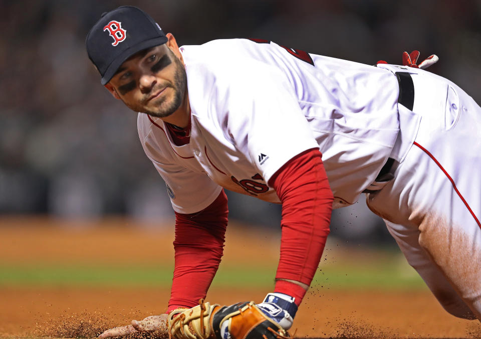 Red Sox 1B Steve Pearce in game 2 of the ALCS baseball matchup at Fenway Park. (Jim Davis/Boston Globe via Getty Images)