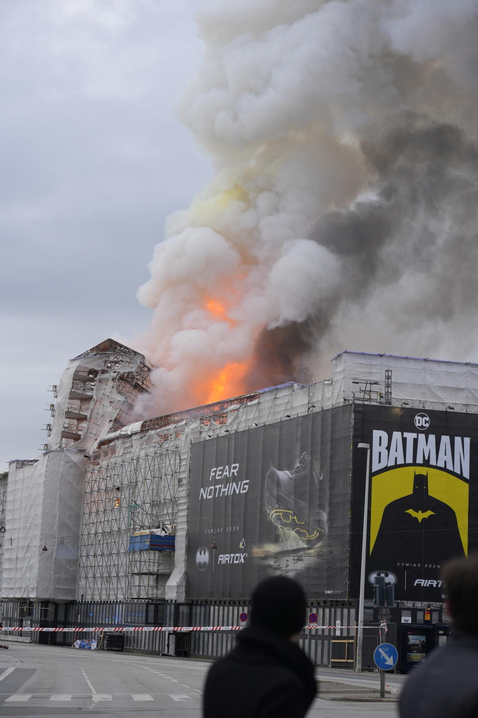 Fire and smoke rise out of the Old Stock Exchange, Boersen, in Copenhagen, Denmark, Tuesday, April 16, 2024. (Emil Helms/Ritzau Scanpix via AP)