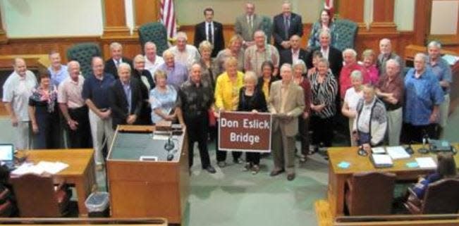 Celebration ensued in the Lee County Commission chamber after Estero Parkway bridge over I-75 was renamed for activist Don Eslick. Six years later, the Lee County Commission renamed the ridge. Eslick died March 16, 2023, at 88.