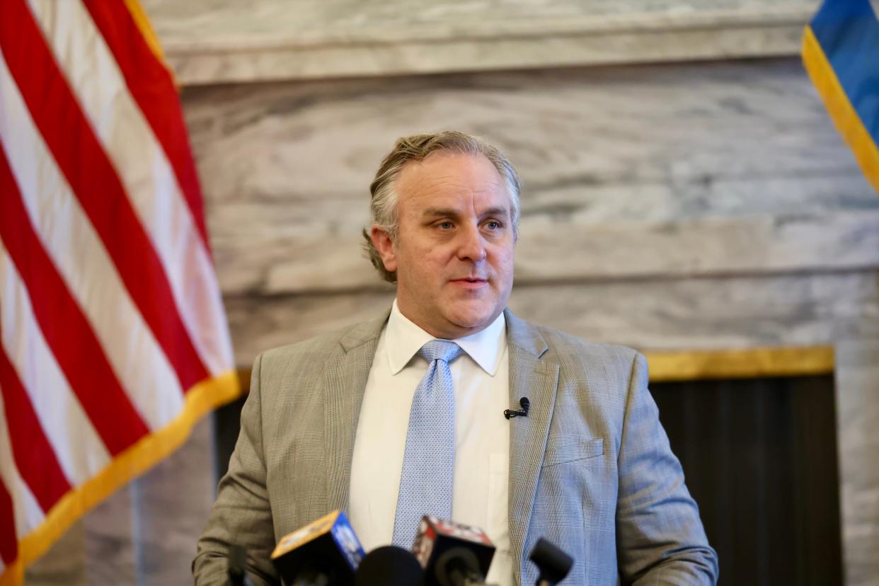 Senate Pro Tem Greg Treat discusses the new budget process the Senate will undertake during the 2024 Legislative Session during a news conference Monday at the state Capitol.