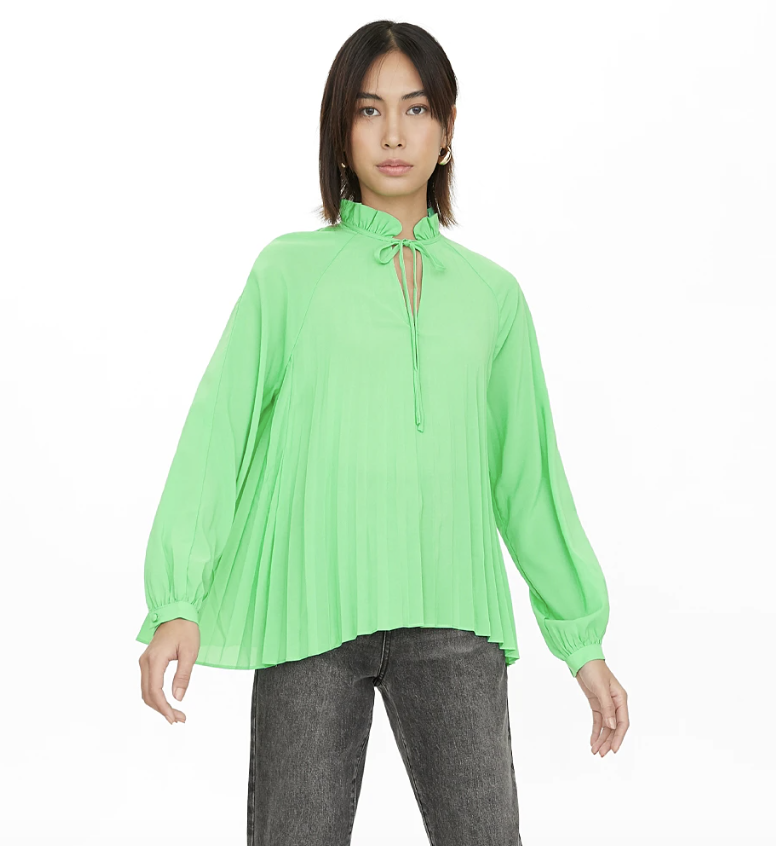 Pomelo Pleated Neck Tie Blouse, Green. PHOTO: Pomelo