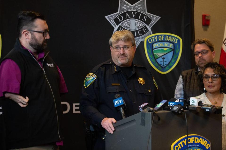 Davis Police Chief Darren Pytel gives a statement at a news briefing Tuesday, May 2, 2023, less than 12 hours after a man attacked a homeless woman by stabbing her several times through the side of her tent near Second and L streets — the third stabbing in less than a week in the city. Davis Mayor Will Arnold stands at left.