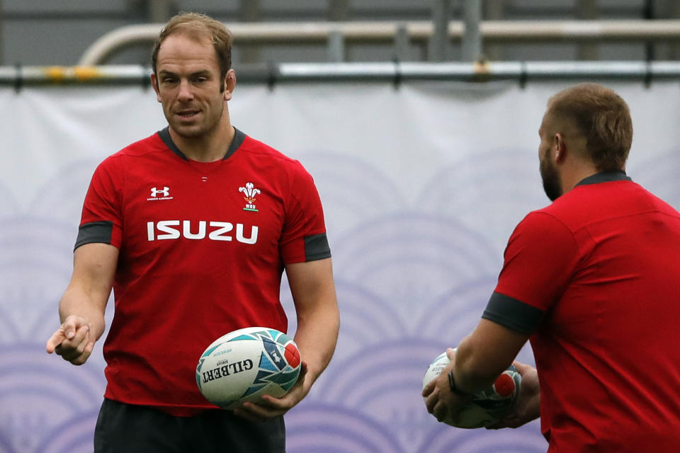 Wales' Alun Wyn Jones, left, and Tomas Francis take part in a training session in Tokyo, Japan, Tuesday, Oct. 22, 2019. Wales will play against South Africa in a Rugby World Cup semifinal in Yokohama on Sunday Oct. 27. (AP Photo/Christophe Ena)