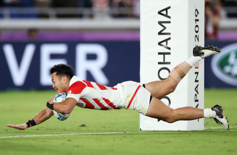 Fukuoka scores Japan's fourth try against Scotland. (Photo by Cameron Spencer/Getty Images)