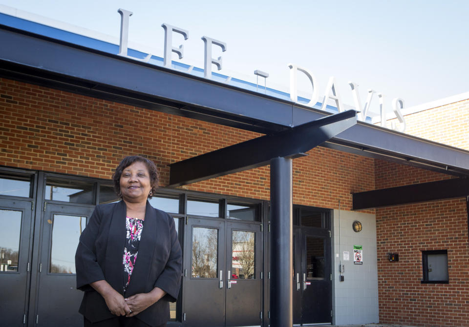 MECHANICSVILLE, VA - MARCH 3, 2018: Nannie R. Davis, 68, stands for a portrait in front of Lee-Davis High School where she graduated from in 1967, in Mechanicsville, Virginia on March 3, 2018. Davis has  always found the school name problematic and has been vocal about her support of the name change. (Photo by Julia Rendleman for the Washington Post)