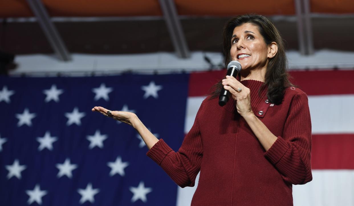 Nikki Haley, GOP presidential candidate, campaigns at Mauldin High School in Mauldin, S.C., on Jan. 27, 2024.