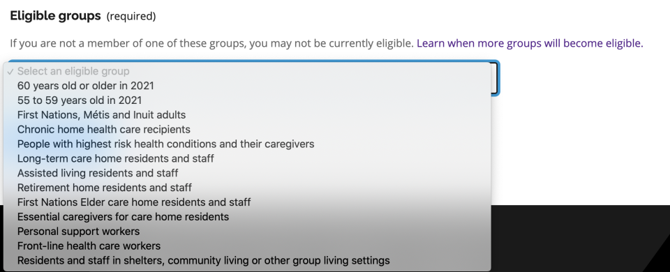 Eligible groups for vaccinations in Ontario as of April 8, 2021