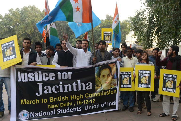 National Students Union of India activists march on December 15, 2012 to the British High Commission in New Delhi in support of Indian-born nurse Jacintha Saldanha, who was found dead after being hoaxed by an Australian radio show trying to reach Prince William's wife in London